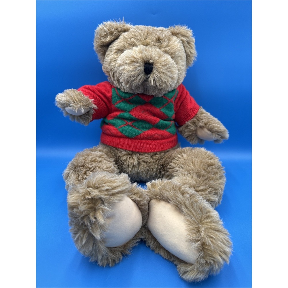 Vtg 1990's Christmas Teddy Bear Cafi Plush Big Fluffy Red Green Argyle Sweater